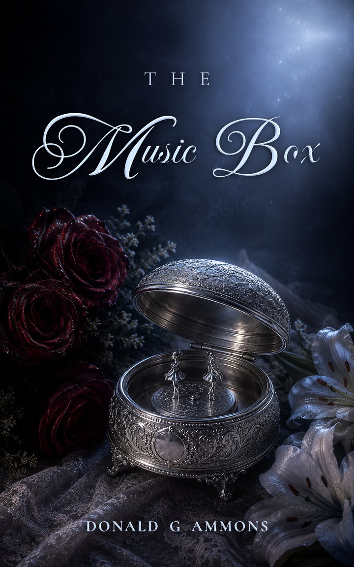 Cover of The Music Box: an open silver music box with two small figures inside, dark red roses and white lilies around it, a shaft of cold blue light from above.